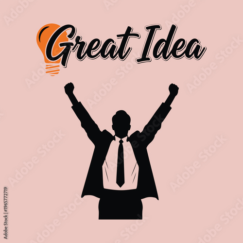 A silhouette of a triumphant businessman celebrating a great idea against a soft pink background Vector