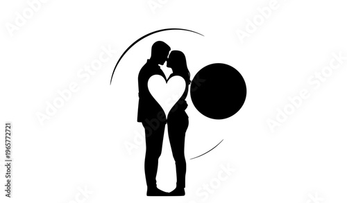 Loving couple embrace silhouette with rising sun and heart shape negative space romantic vector isolated on white