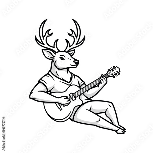 A cartoon deer with antlers wearing a t-shirt and playing an acoustic guitar heroically on a plain white background