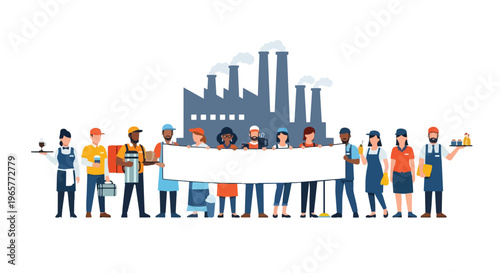 Flat 2D illustration of diverse workers holding a banner in front of a cityscape, representing labor union concept.