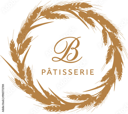 A logo for a bakery or patisserie featuring a wheat wreath and elegant lettering on a white background.