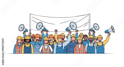 Flat 2D illustration of workers in hard hats and safety vests holding megaphones and a banner, protesting with a labor union concept in a colorful, graphic style.