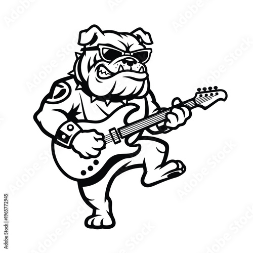 A cartoon bulldog wearing sunglasses plays an electric guitar as a rockstar with a cool and edgy mood