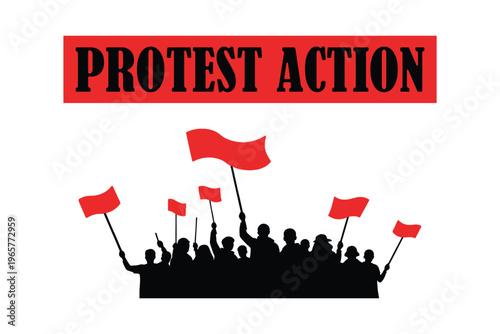 A graphic illustration depicting a crowd of people holding red flags during a protest action event. Vector