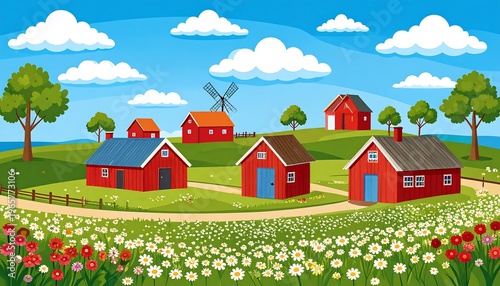 Cartoon countryside scene with red buildings, windmill, and a flower field