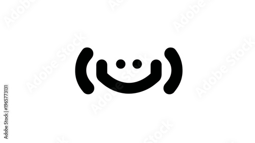Simple black smiling face icon, minimalist happy symbol with abstract elements, representing joy, positivity, and good mood.