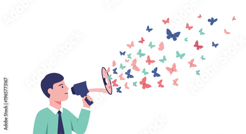 Flat 2D illustration of a man using a megaphone with colorful butterflies emerging, symbolizing World Press Freedom Day concept.