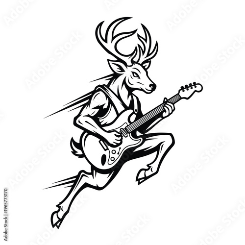 A cartoon deer with antlers plays an electric guitar as an animal rockstar hero with dynamic motion lines on a white background