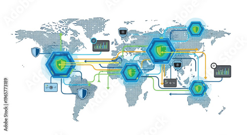 Flat 2D illustration of a global network with data points and connections representing cyber transactions and financial protect on a world map background.