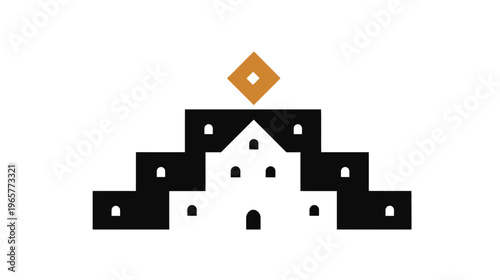 Minimalist Geometric Illustration of a Stepped Building Complex with Golden Diamond Apex
