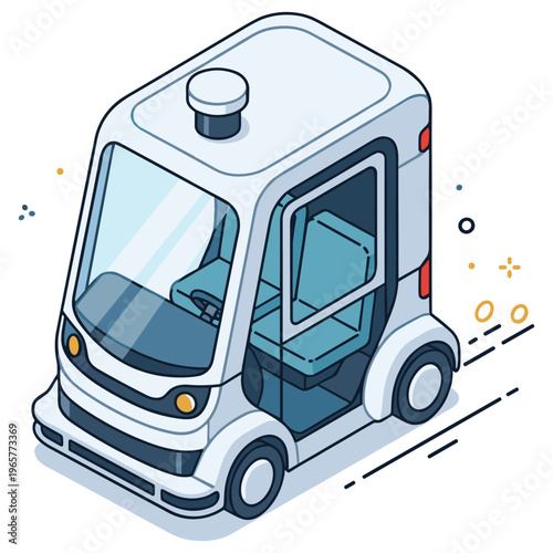 Futuristic autonomous electric vehicle in minimalist isometric design. No editable stroke
