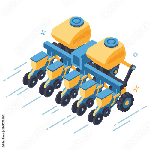 Isometric illustration of modern agricultural seeding machine. No editable stroke