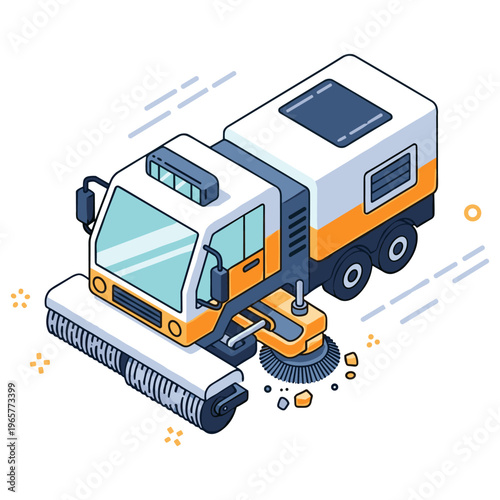 Isometric street sweeper truck design with broom and vacuum system. No editable stroke