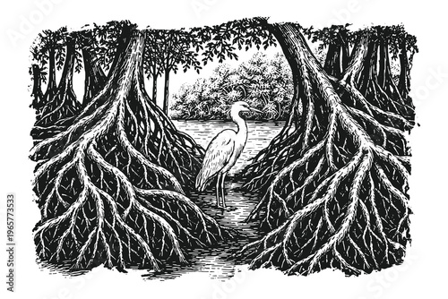 Tropical mangrove forest landscape with a heron bird in detailed linocut style black and white vector illustration of swamp roots and wildlife nature.