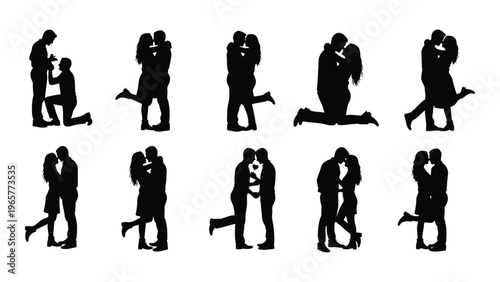 A collection of romantic couples depicted in black silhouettes showing affection through various poses and gestures silhouette high quality