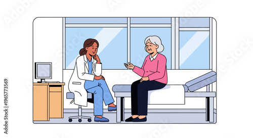 Physician Consulting Senior Patient in Bright Clinic