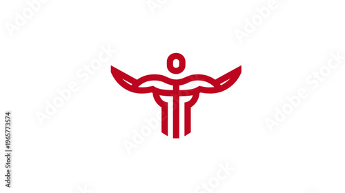 Minimalist red line art icon of a powerful muscular human figure with outstretched arms, symbolizing strength, fitness, and success.