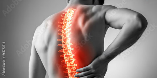 Man with back pain and highlighted spine holding his lower back