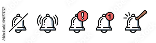 Set of five outline notification bell icons showing different states such as mute, ringing, and alerts.