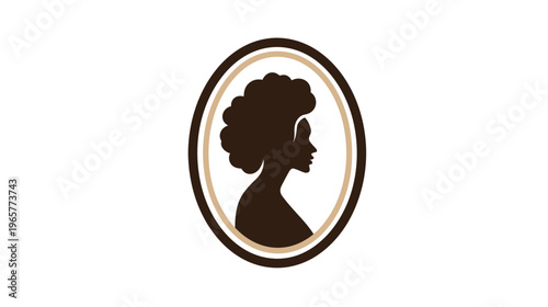 Elegant Black woman silhouette with afro hairstyle in oval frame graphic, profile view icon for beauty and diversity