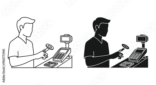 Contactless payment vector icons, customer using NFC technology at checkout terminal, black and white line art of man paying with smartwatch