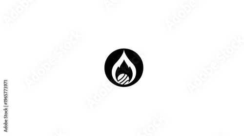 Modern black and white flame icon in a circle, symbolizing fire, energy, heat, and power. Simple graphic design element.