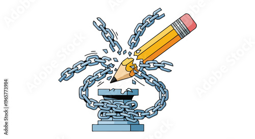 Flat 2D illustration of a pencil breaking free from chains wrapped around a pedestal, symbolizing World Press Freedom Day and the concept of liberation.
