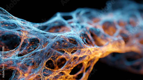 Abstract fascia web of delicate connective tissue strands glowing blue and orange, resembling an organic neural network. Ethereal and calming design