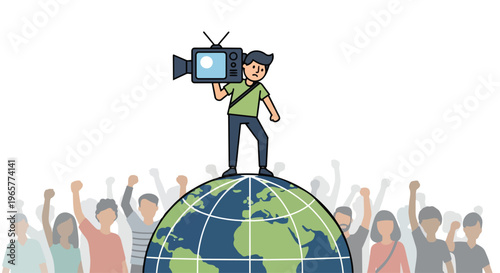 A cartoon journalist standing on a globe holding a video camera, surrounded by a diverse crowd of people protesting with raised fists in a flat 2D illustration conveying a sense of freedom and media