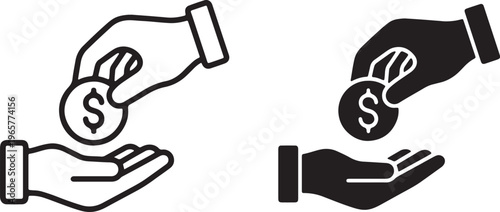 hand passing coin payment icon line art and silhouette vector illustratio