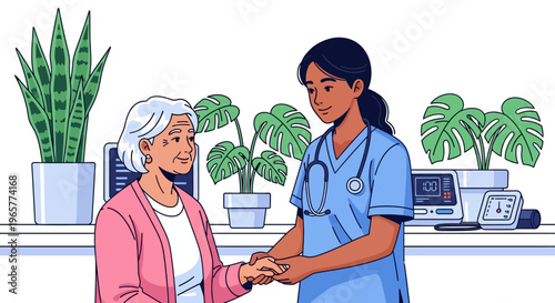 Young Doctor Comforting Elderly Patient in Clinic