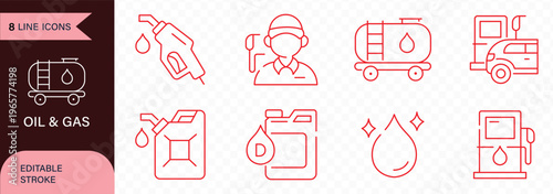 Oil and Gas web icons in line style. Fuel, gas station, refinery, petroleum, oil well, gas pump, energy, barrel, industry, transportation, collection. Outline icon in linear style