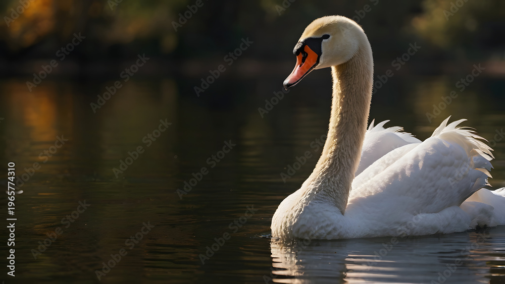 Fototapeta premium A graceful white swan glides peacefully on a calm body of water