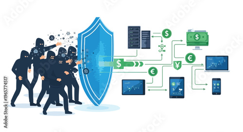 Flat 2D illustration of silhouetted attackers trying to breach a blue shield protecting financial transaction data and cyber business assets.