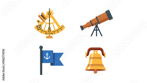 Historical and navigational icons featuring a sextant, telescope, flag, and bell