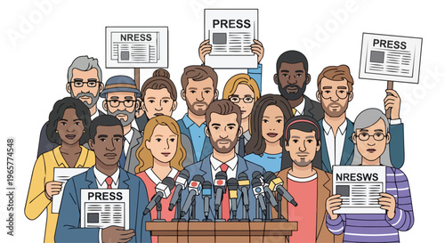 Illustration of a diverse group of people holding newspapers and standing behind a podium with microphones, advocating for freedom and media rights in a flat 2D style, conveying a sense of protest.