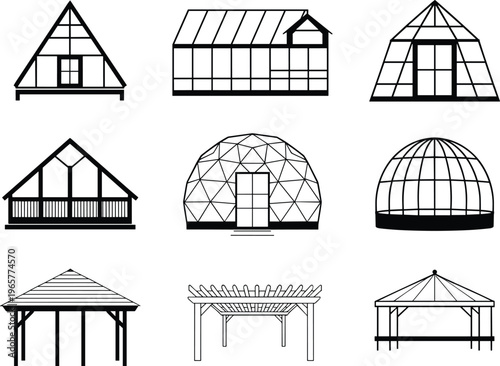 Greenhouse and pavilion line icon set featuring glass house structures outline vector collection modern minimal architecture garden building design