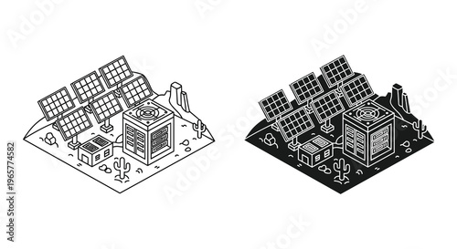 Isometric solar power station vector, renewable energy plant in desert landscape, sustainable electricity infrastructure with solar panels and battery storage