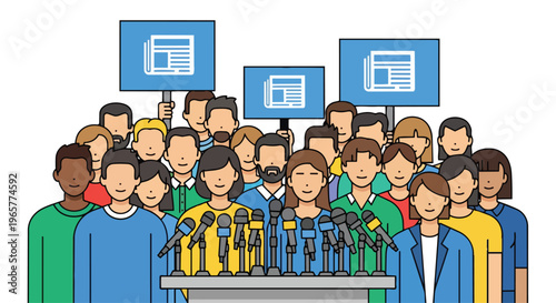 A diverse crowd of people holding protest signs and standing behind a row of microphones in a flat 2D illustration, conveying a sense of freedom and media presence.