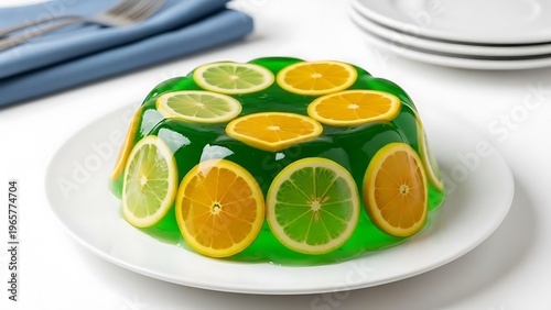Green Jelly Dessert with Oranges and Limes on White Plate