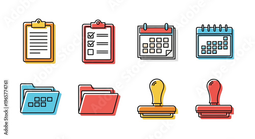 Colorful office supplies icons set.
