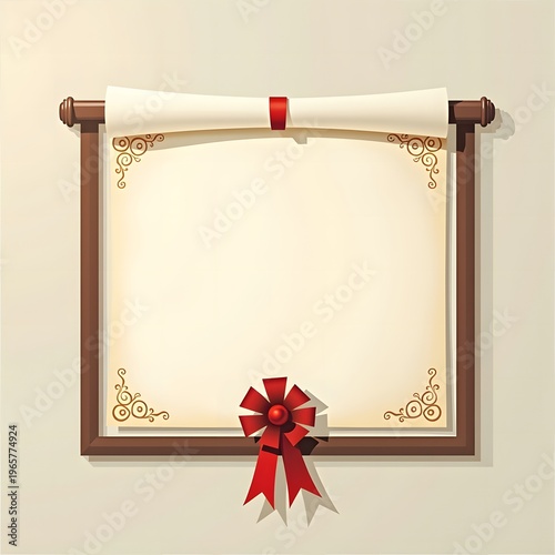 blank certificate scroll with red ribbon on wooden frame for graduation invitations, award ceremonies, formal diplomas, education blogs and school achievement announcements, with copy space