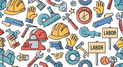 Construction tools and labor icons.