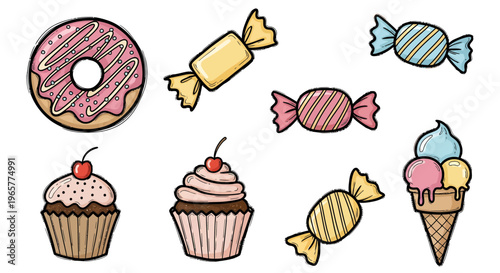 Colorful sweets and desserts arranged on a white background with donuts cupcakes candies