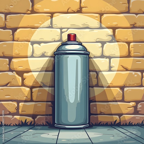 spray paint can in front of a brick wall under spotlight for street art blogs, urban culture websites, graffiti tutorials, youth lifestyle magazines and creative workshop posters