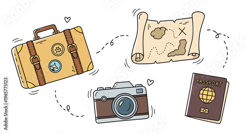 Travel essentials like luggage, map, camera, and passport for adventure