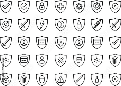 Security shield icon set featuring protection safety antivirus privacy access control line outline vector symbols modern interface collection