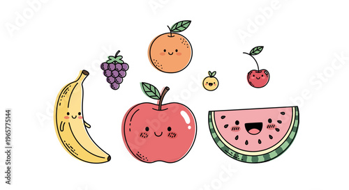 A colorful illustration of various fruits including banana, apple, and watermelon arranged together on a white background