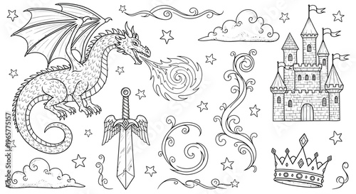 A dragon breathing fire near a sword, castle, and crown in a magical kingdom scene