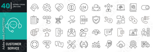 Customer service icon set. Containing support, help, assistance, feedback, satisfaction, operator, FAQ, question, complaint, brand reputation, and more. Editable line icons. Vector illustration.